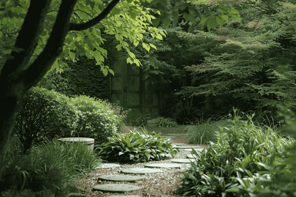 Feng-Shui-Garten mit harmonischer Wegeführung, rundem Sitzplatz und grüner Tür im Hintergrund – Symbol für Ruhe, Balance und natürliche Ordnung.