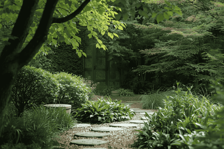 Feng-Shui-Garten mit harmonischer Wegeführung, rundem Sitzplatz und grüner Tür im Hintergrund – Symbol für Ruhe, Balance und natürliche Ordnung.