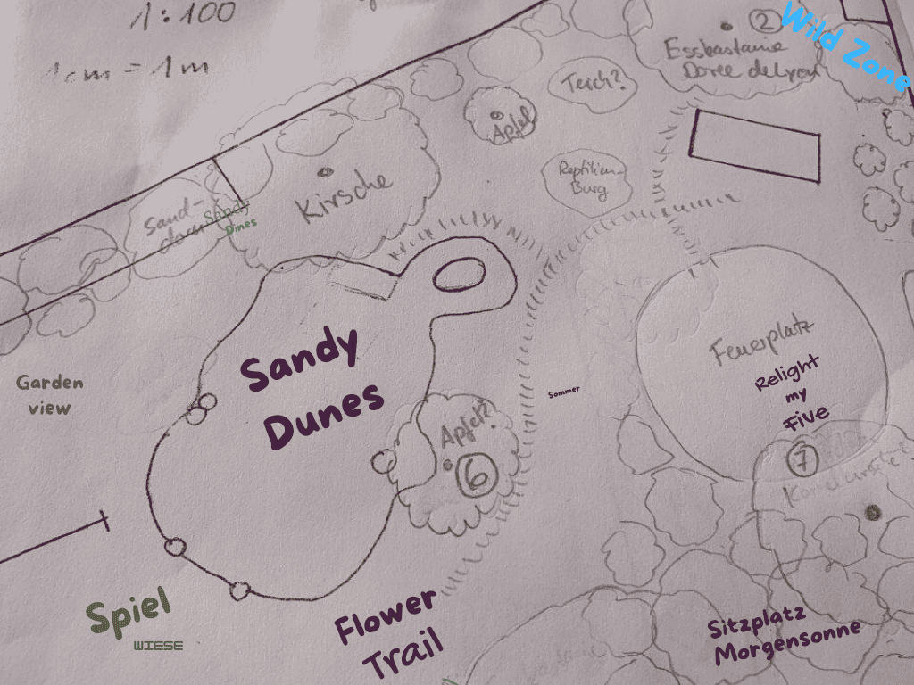 Handgezeichneter Gartenplan im Maßstab 1:100 mit Feuerstelle und Reptilienburg