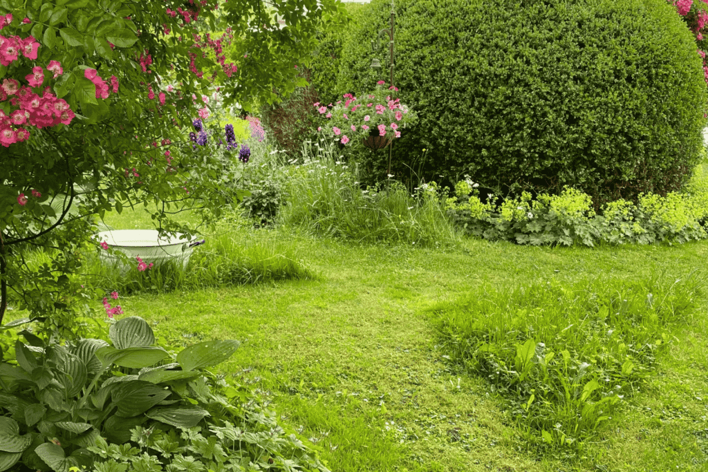 Gestaltete Wildblumen-Inseln in einer Rasenfläche als ökologisch nachhaltige und pflegeleichte Alternative zum Einheitsgrün.