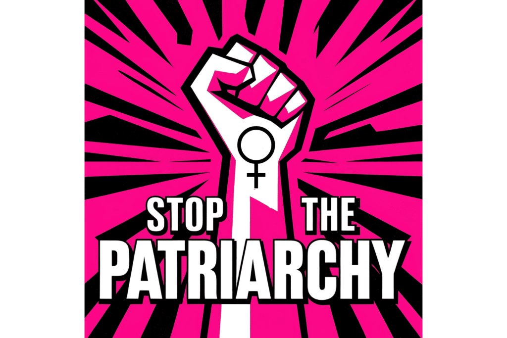 Grafisches Plakat mit dem Text "STOP THE PATRIARCHY" und einer geballten Faust mit dem Symbol für Weiblichkeit, in Pink und Schwarz.