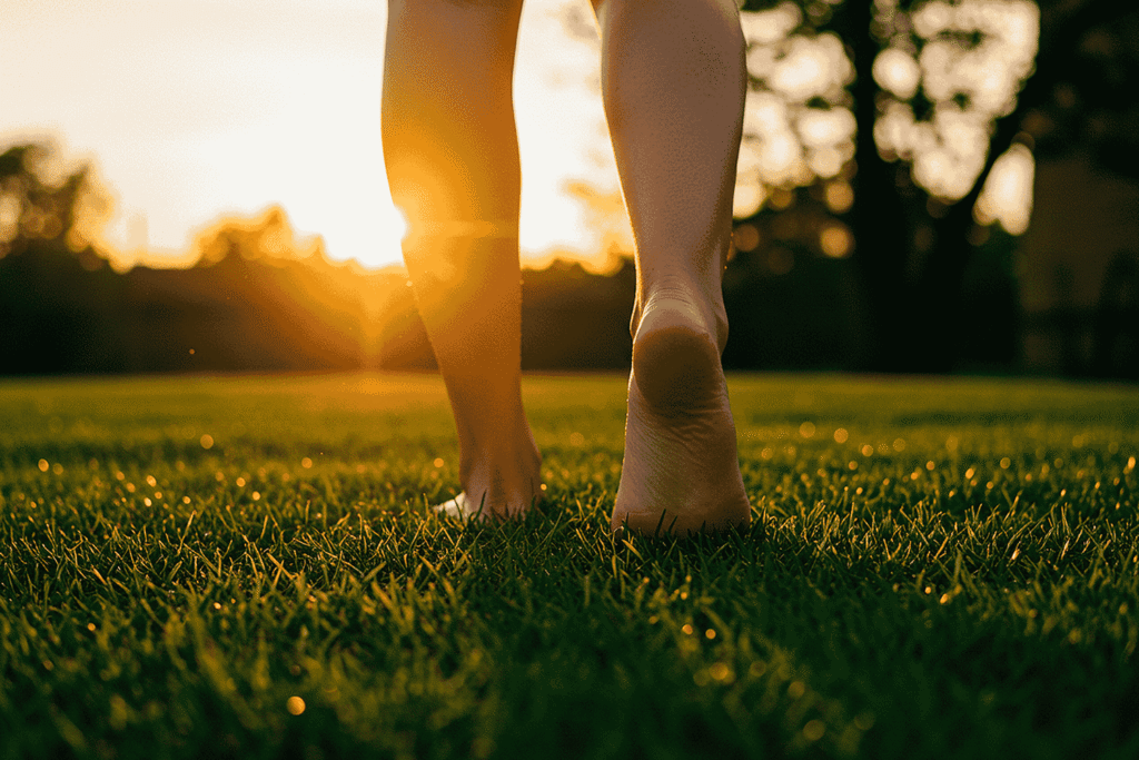 barfuß durch taufrisches Gras laufen im Garten bei Sonnenaufgang – Tautreten am Morgen