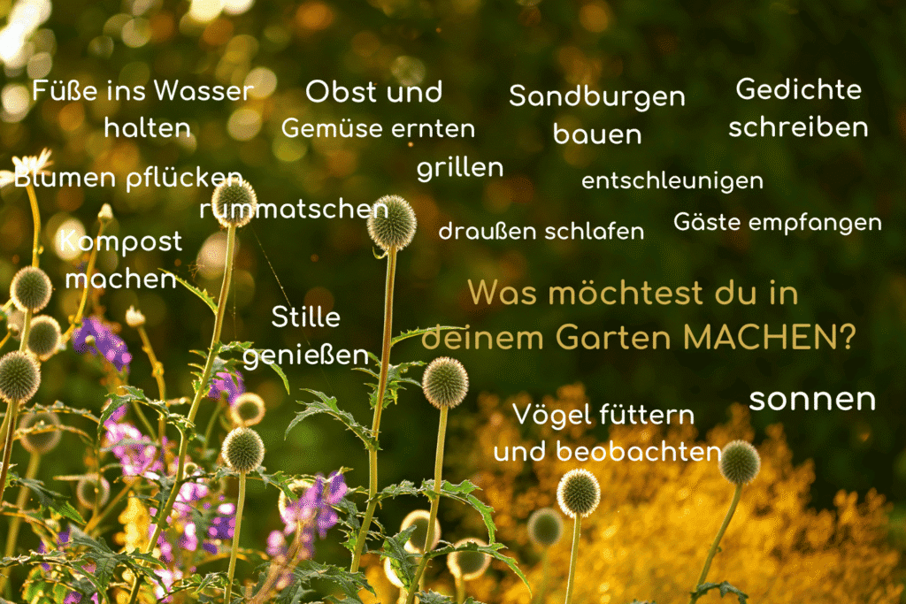 Infografik mit Gartenaktivitäten auf Blumenwiese mit Echinops – Frage: Was möchtest du in deinem Garten machen?