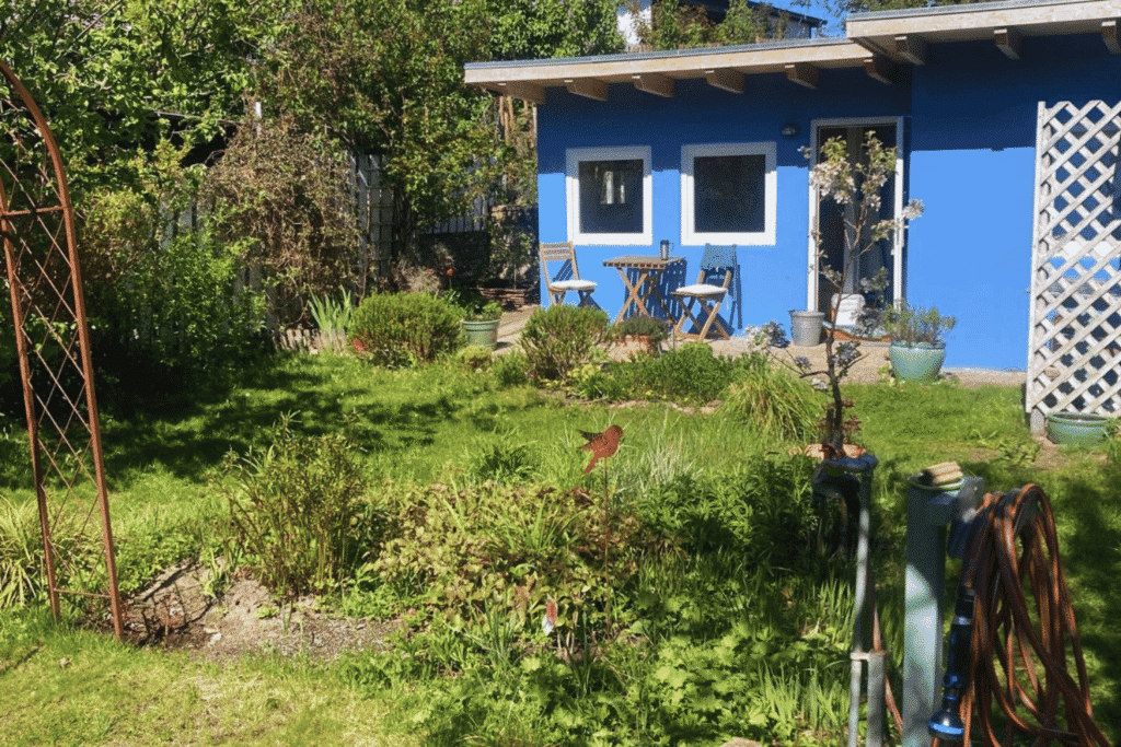 Ein kleines, hellblau gestrichenes Holzhaus in einem Schrebergarten, umgeben von Grün.