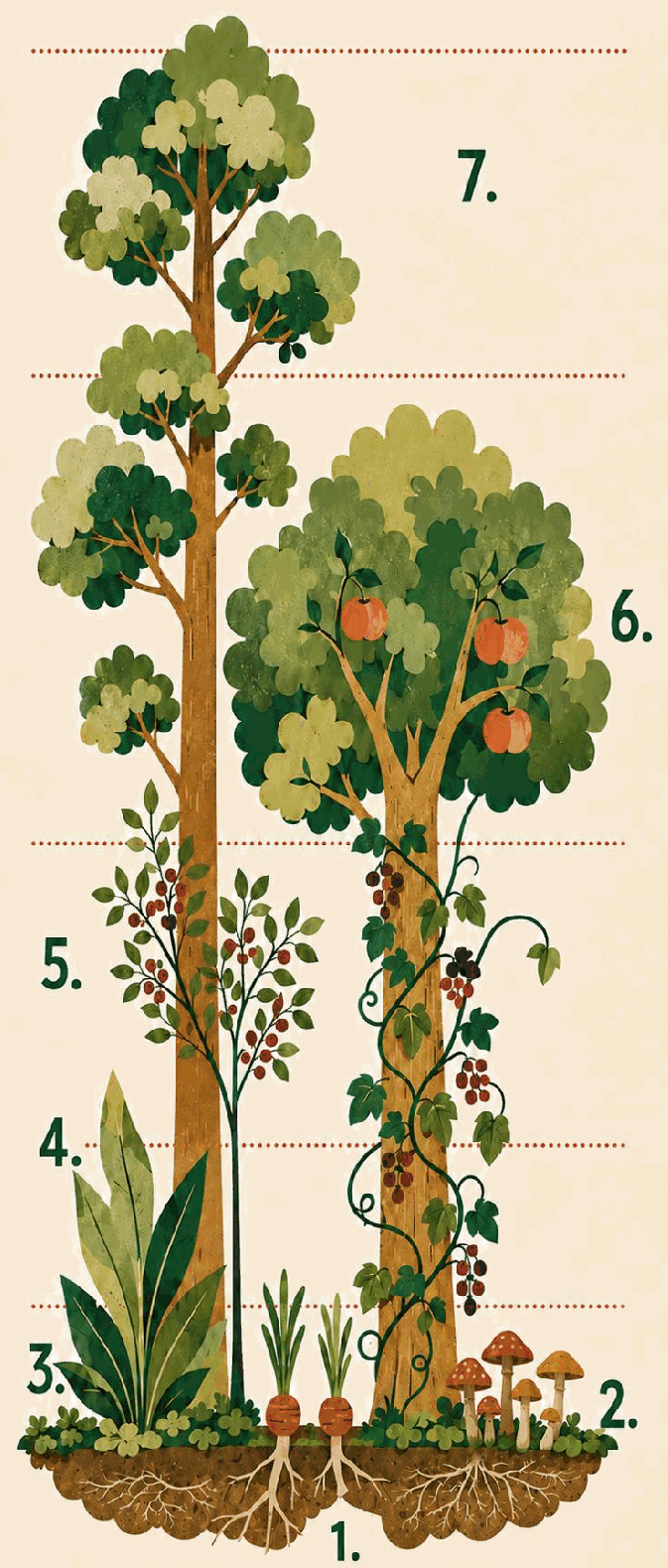 Illustration der sieben Schichten eines Waldgartens, von den großen Bäumen bis zu Wurzeln und Pilzen