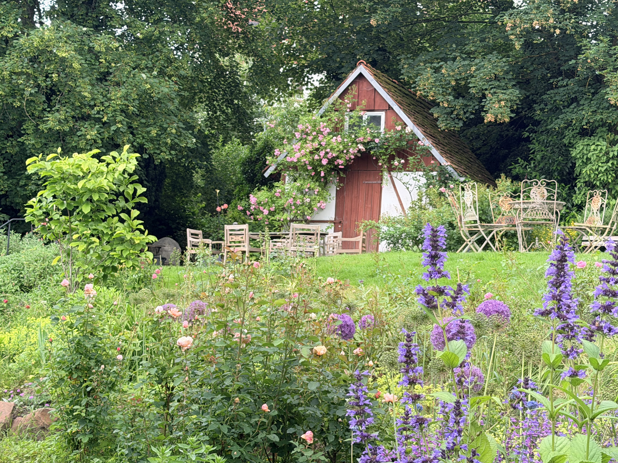 Fachwerk-Gartenhaus mit Kletterrosen und Sitzgruppen im Sommergarten